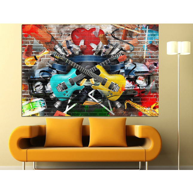 Modern art Bright canvas wall Color art print Living room wall art Color palette Vintage print Canvas handmade Guitar wall decor