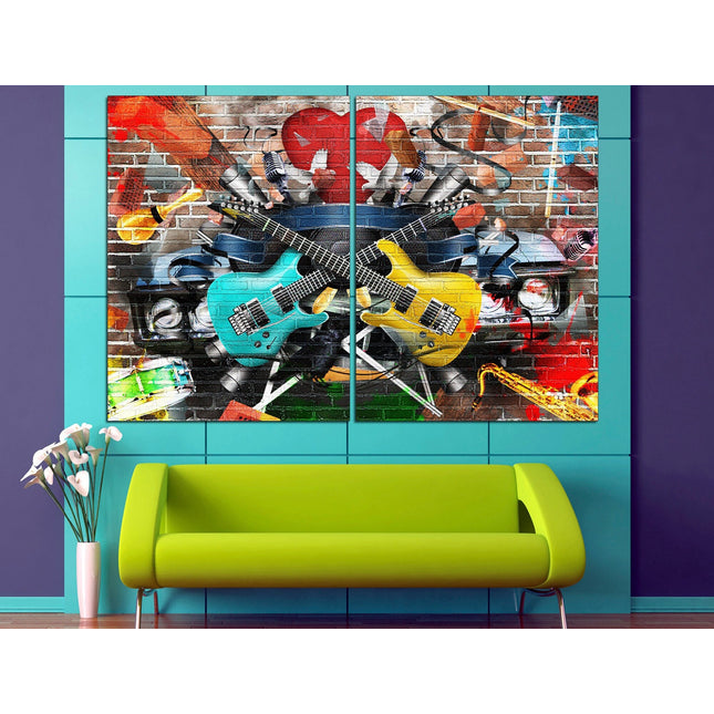 Modern art Bright canvas wall Color art print Living room wall art Color palette Vintage print Canvas handmade Guitar wall decor